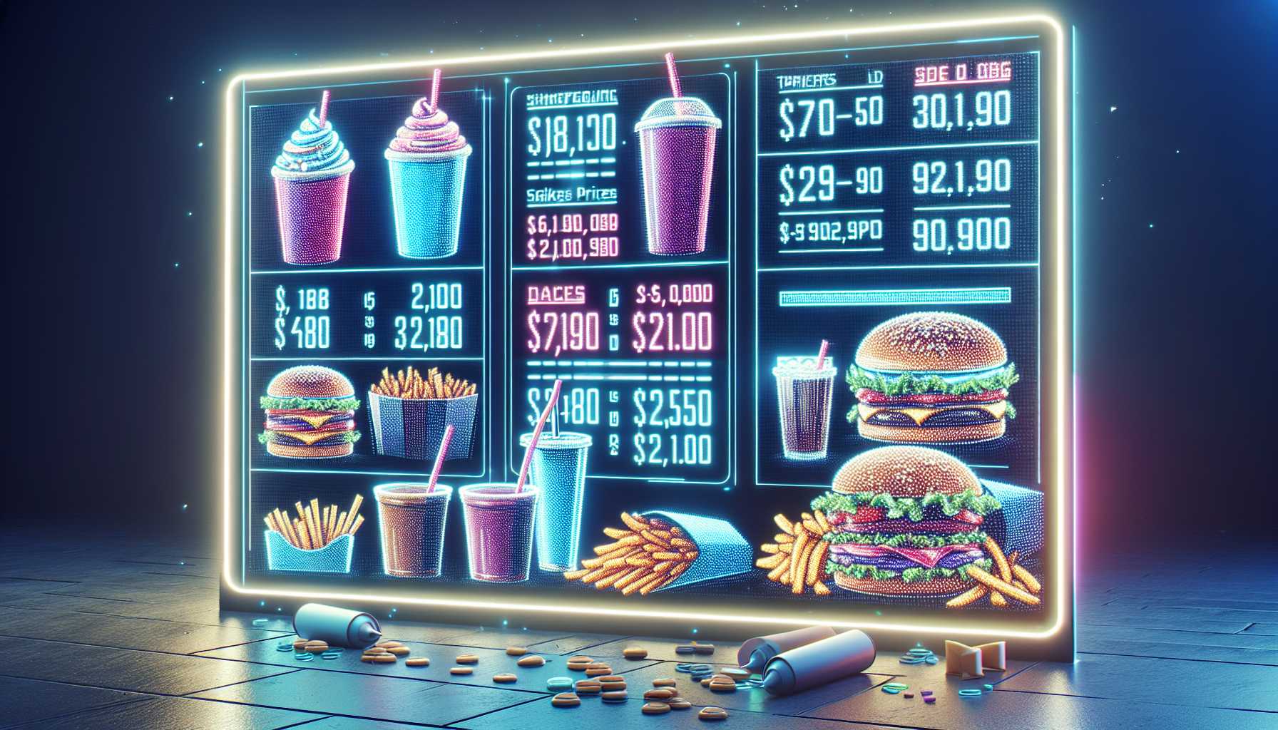 a digital menu board with fluctuating prices at a fast-food restaurant