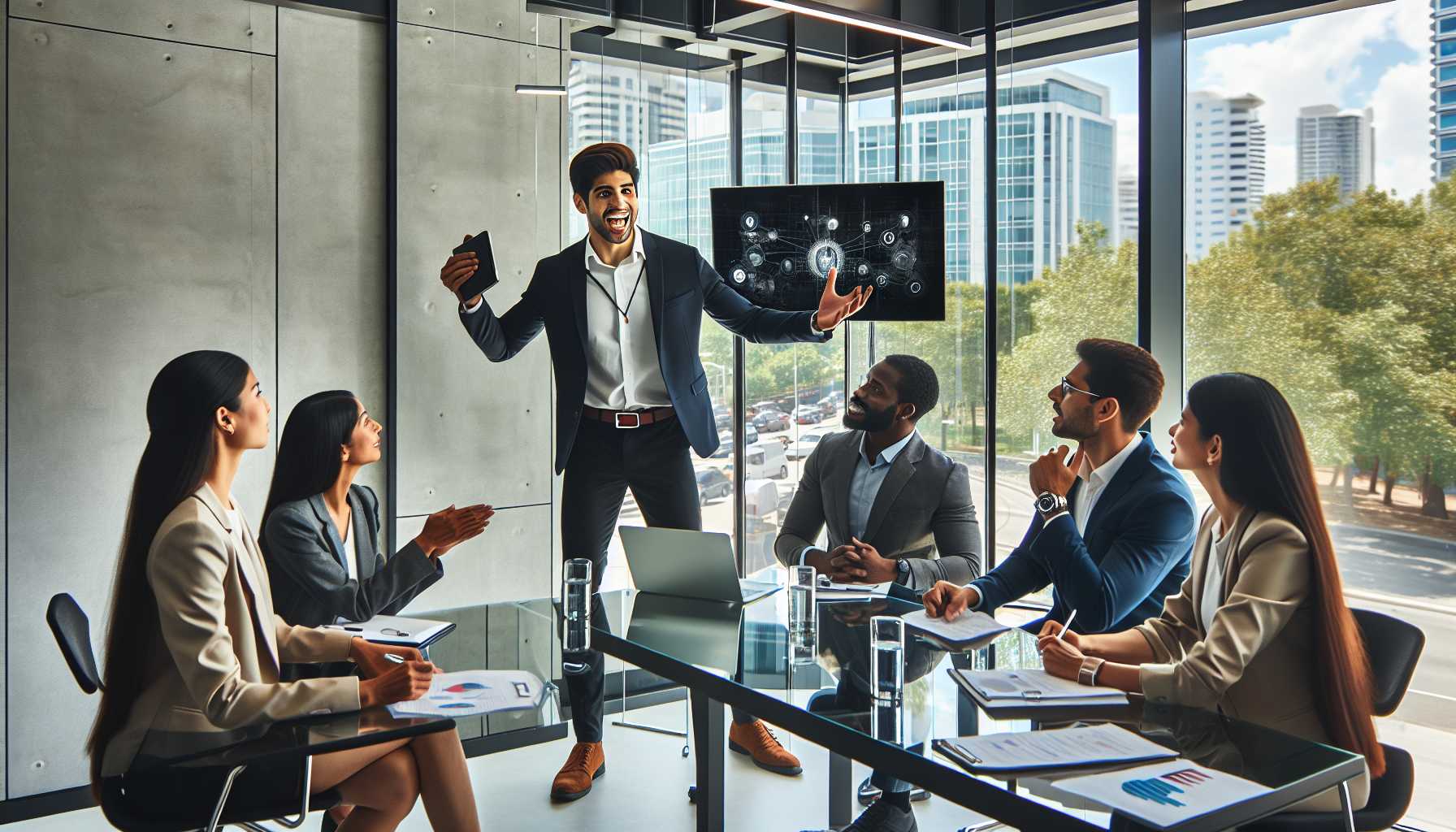 an entrepreneur pitching to venture capitalists in a modern office setting