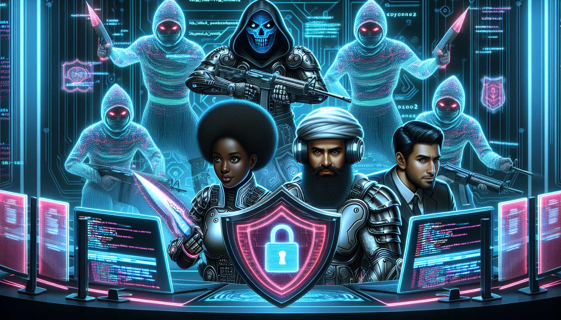 Conceptual image illustrating cybersecurity warriors combating digital pirates and protecting data privacy