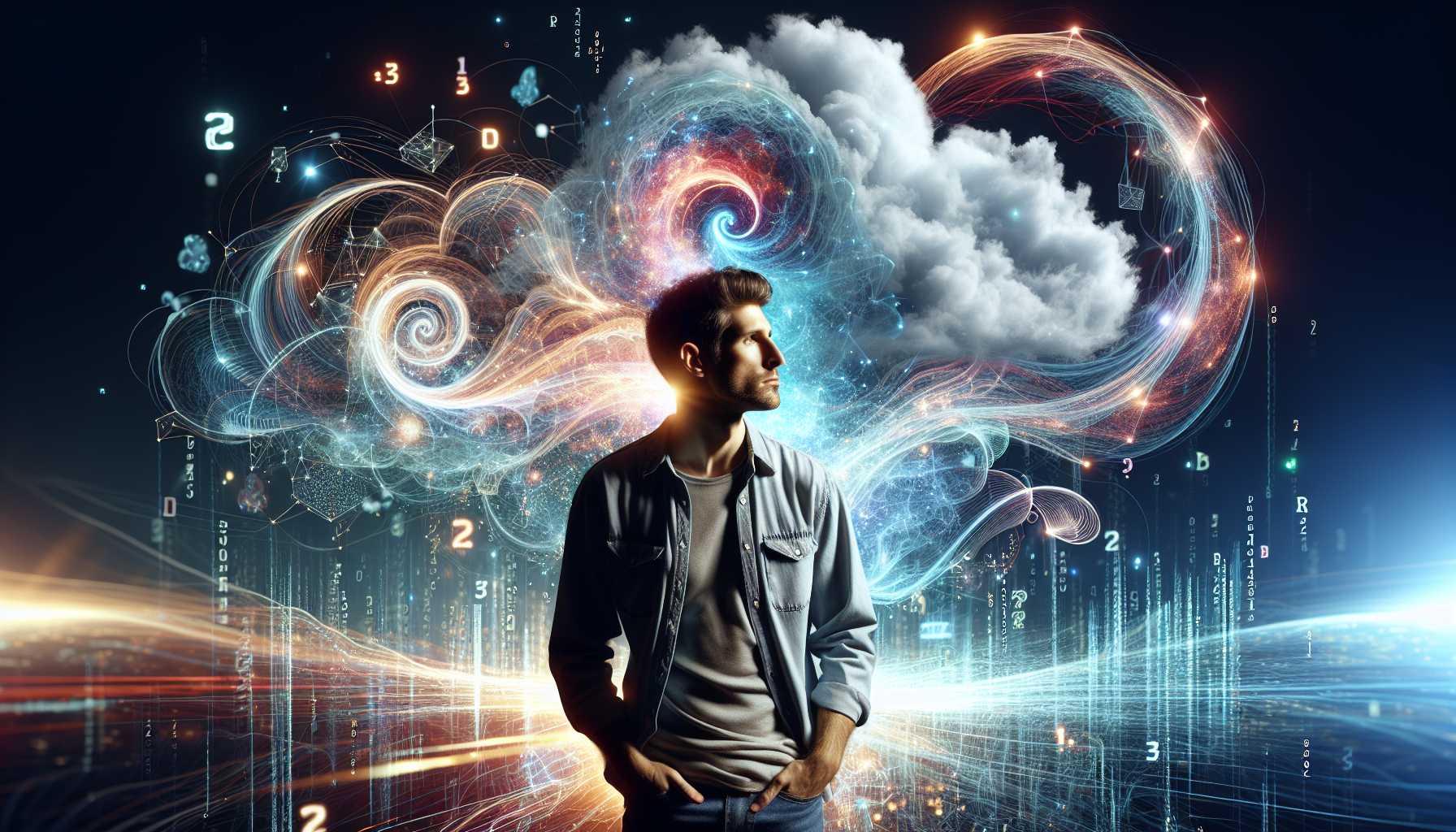 a visionary leader in the field of AI, standing in front of a cloud network with generative AI models swirling around