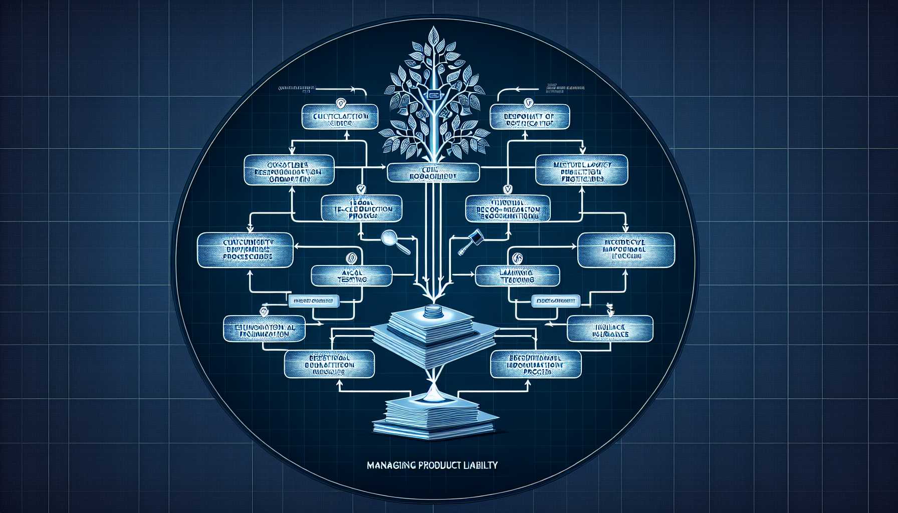 A comprehensive organigram showcasing the multi-layered approach to managing product liability covering culture, legal involvement, testing, documentation, education, and insurance