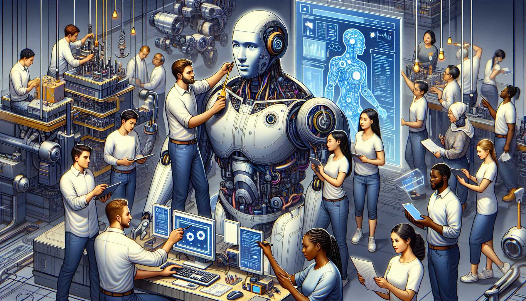 A digital illustration representing the concept of AI fine-tuning with diverse human characters involved in calibrating a giant robot