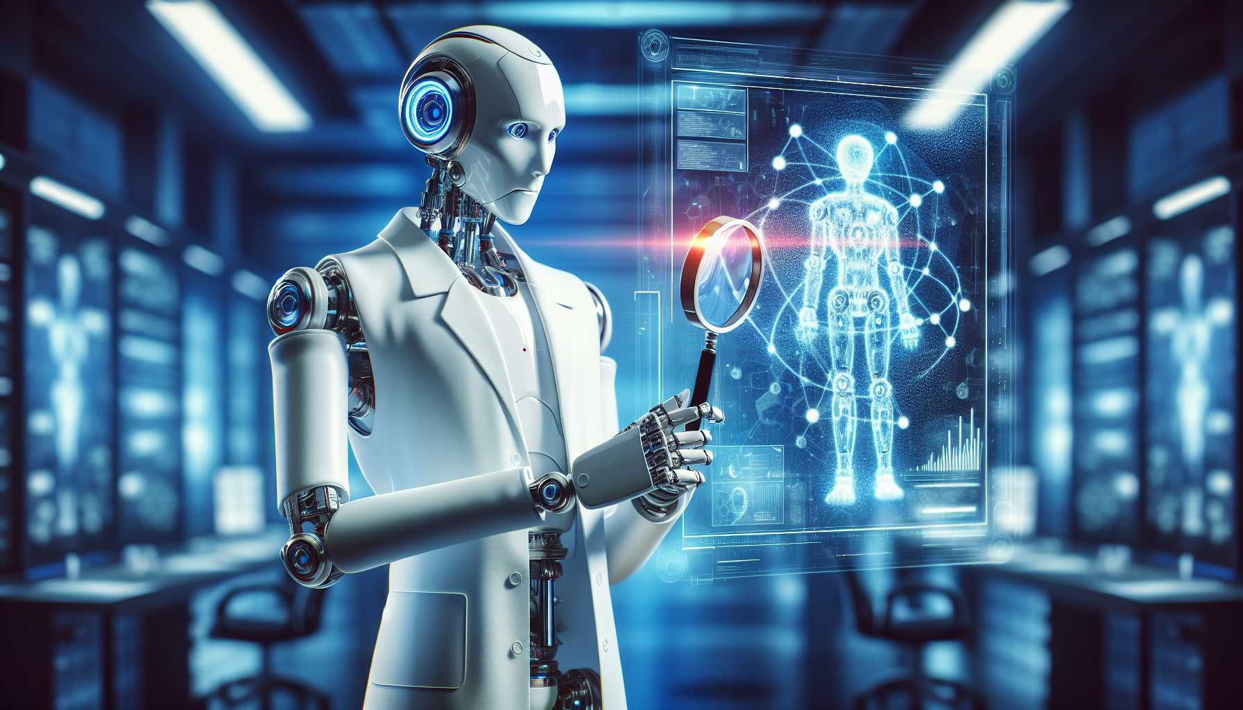 A futuristic image of a robot wearing a lab coat and holding a magnifying glass to inspect scientific data