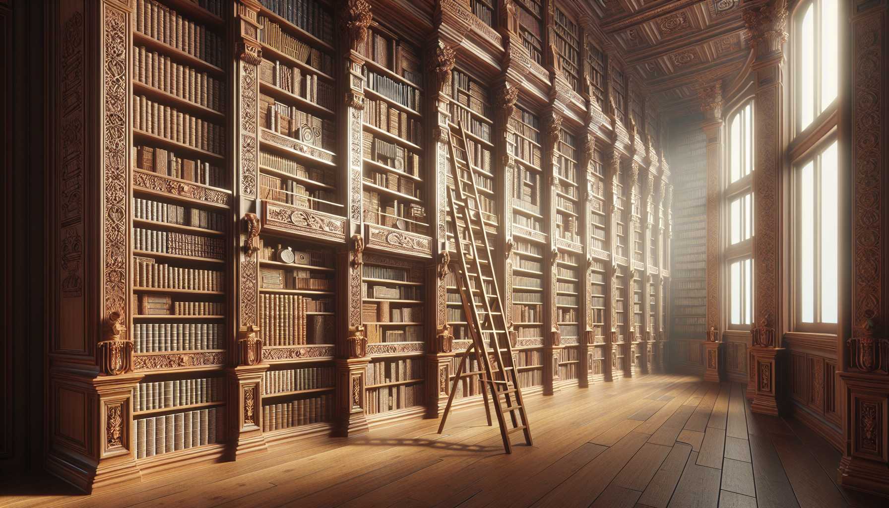 a library with books neatly organized and a ladder to reach the higher shelves, representing organized and accessible product documentation management