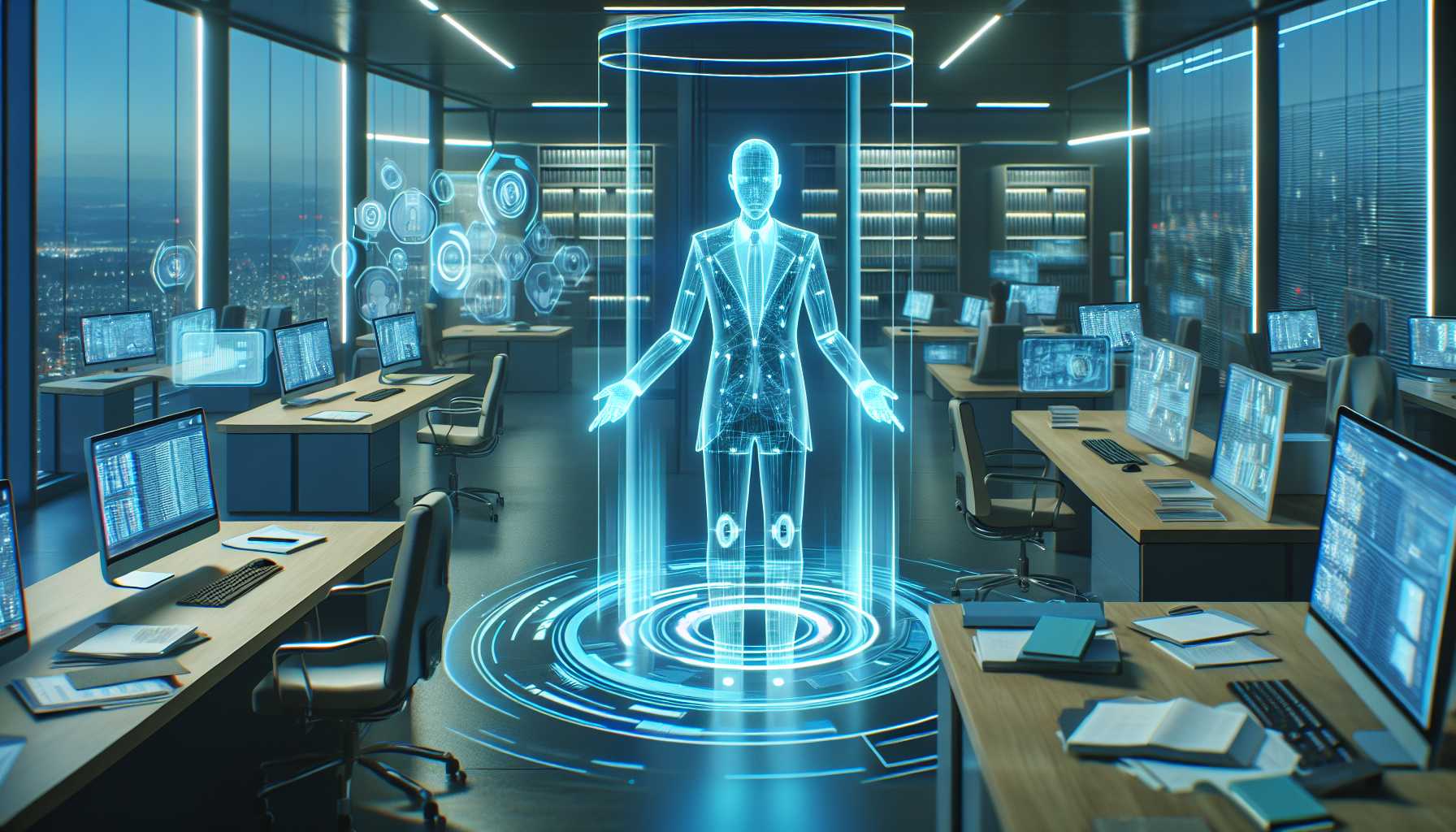 sleek holographic assistant sorting out files in a futuristic office