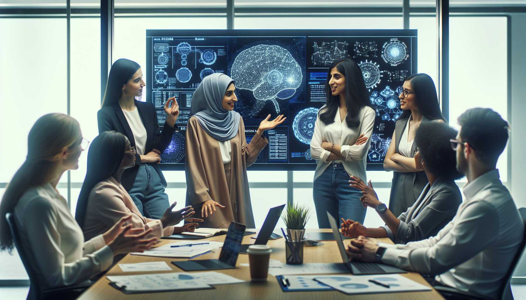 a diverse group of women scientists discussing AI technologies in a conference room