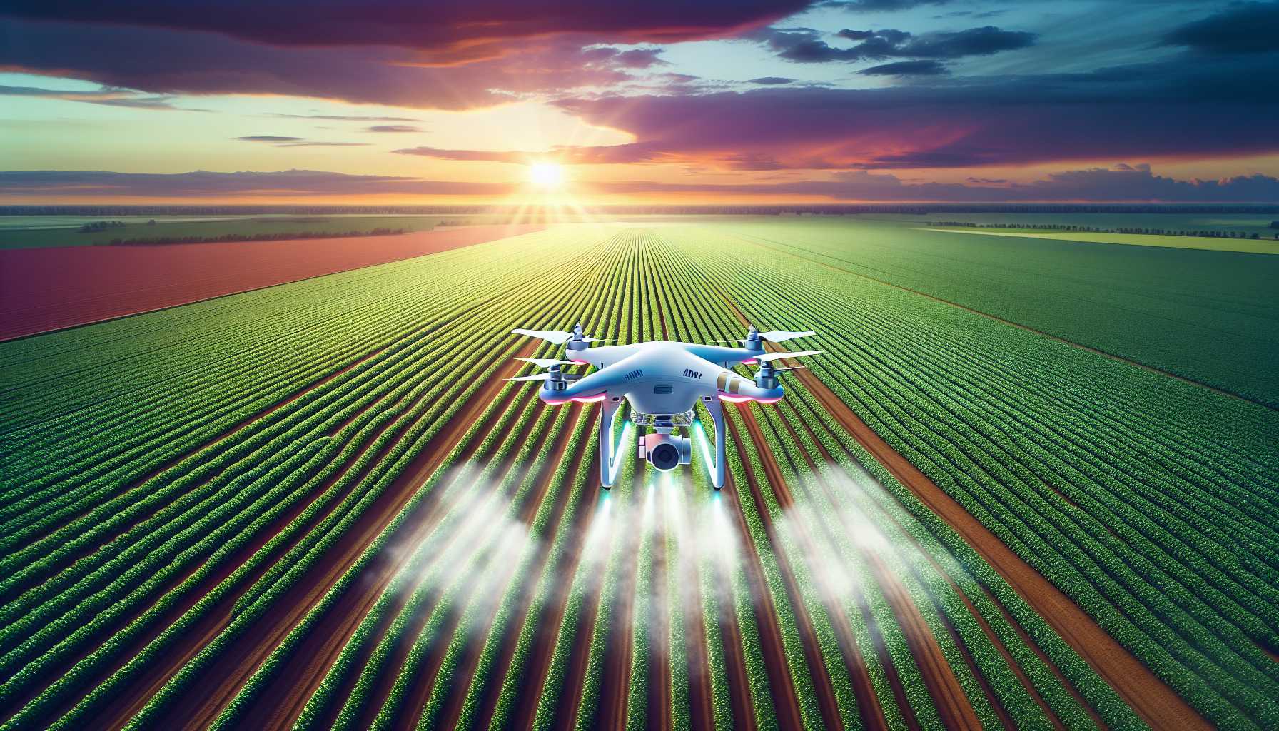 agricultural drone flying over a crop field using AI to optimize pesticide spraying