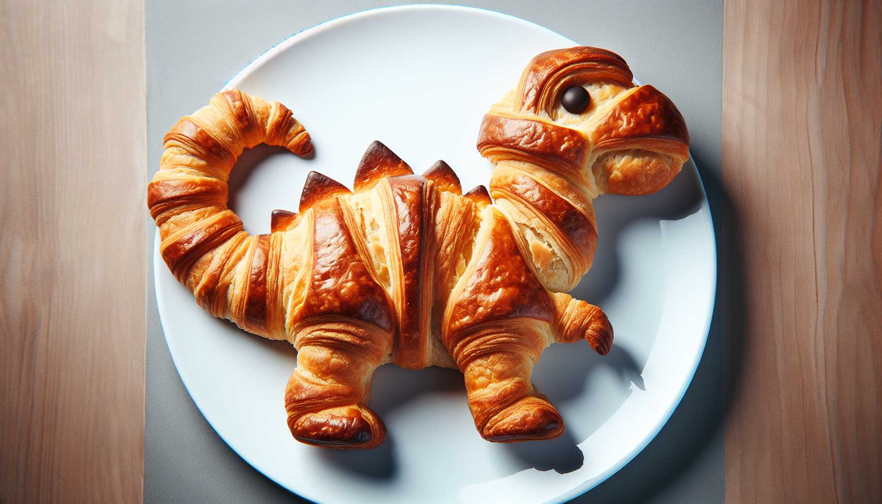 Artificial intelligence generated croissant shaped like a dinosaur