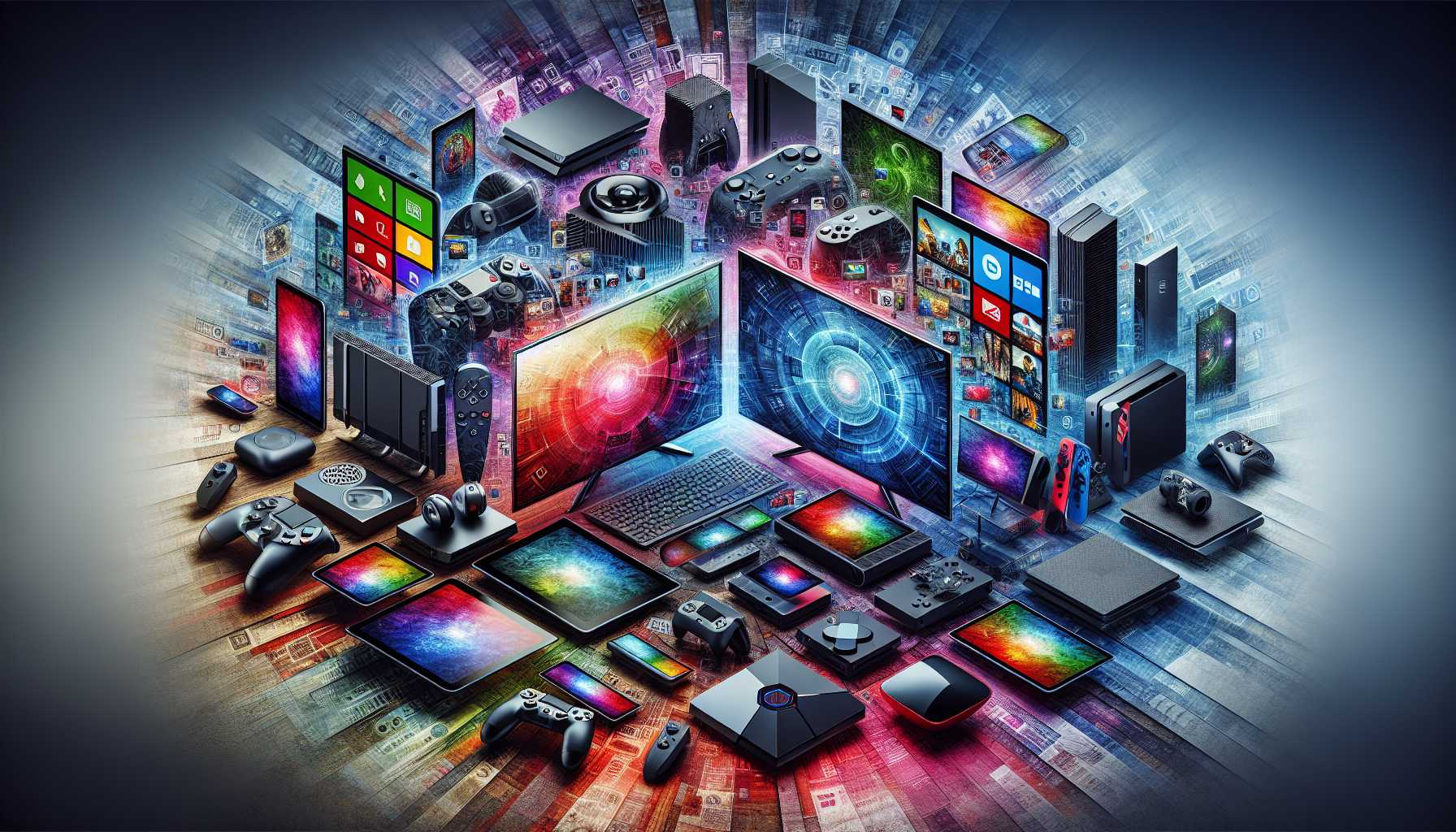 A compilation of tech devices and streaming services symbolizing innovation in entertainment