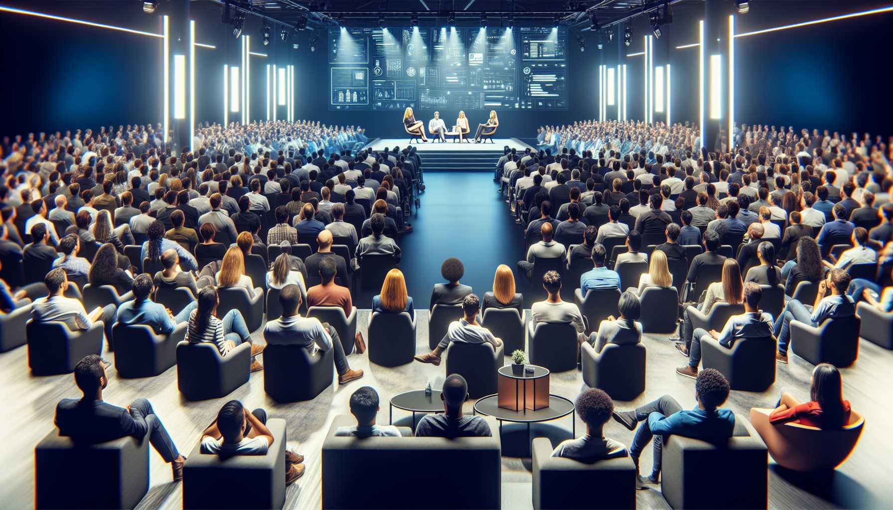 a crowd of tech startup founders listening to a speech at a conference