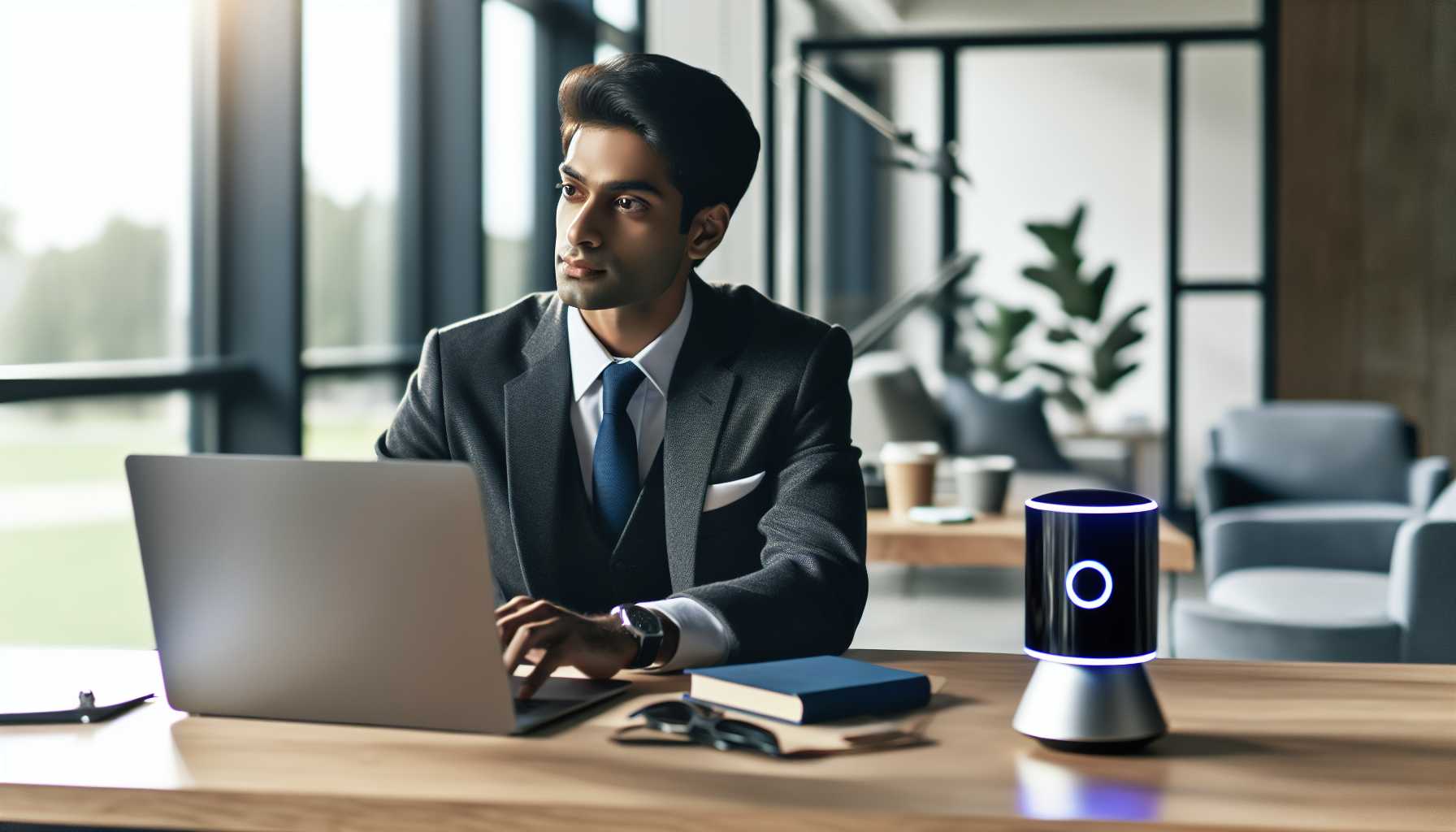 a determined entrepreneur with an AI assistant device on a desk