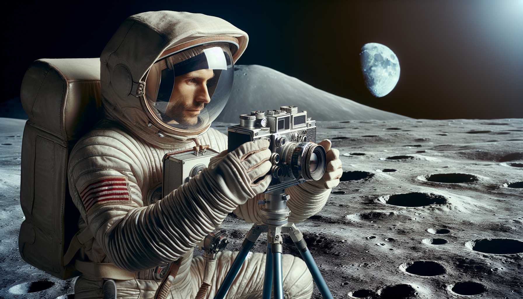 an astronaut with a vintage 70mm film magazine camera on the Moon