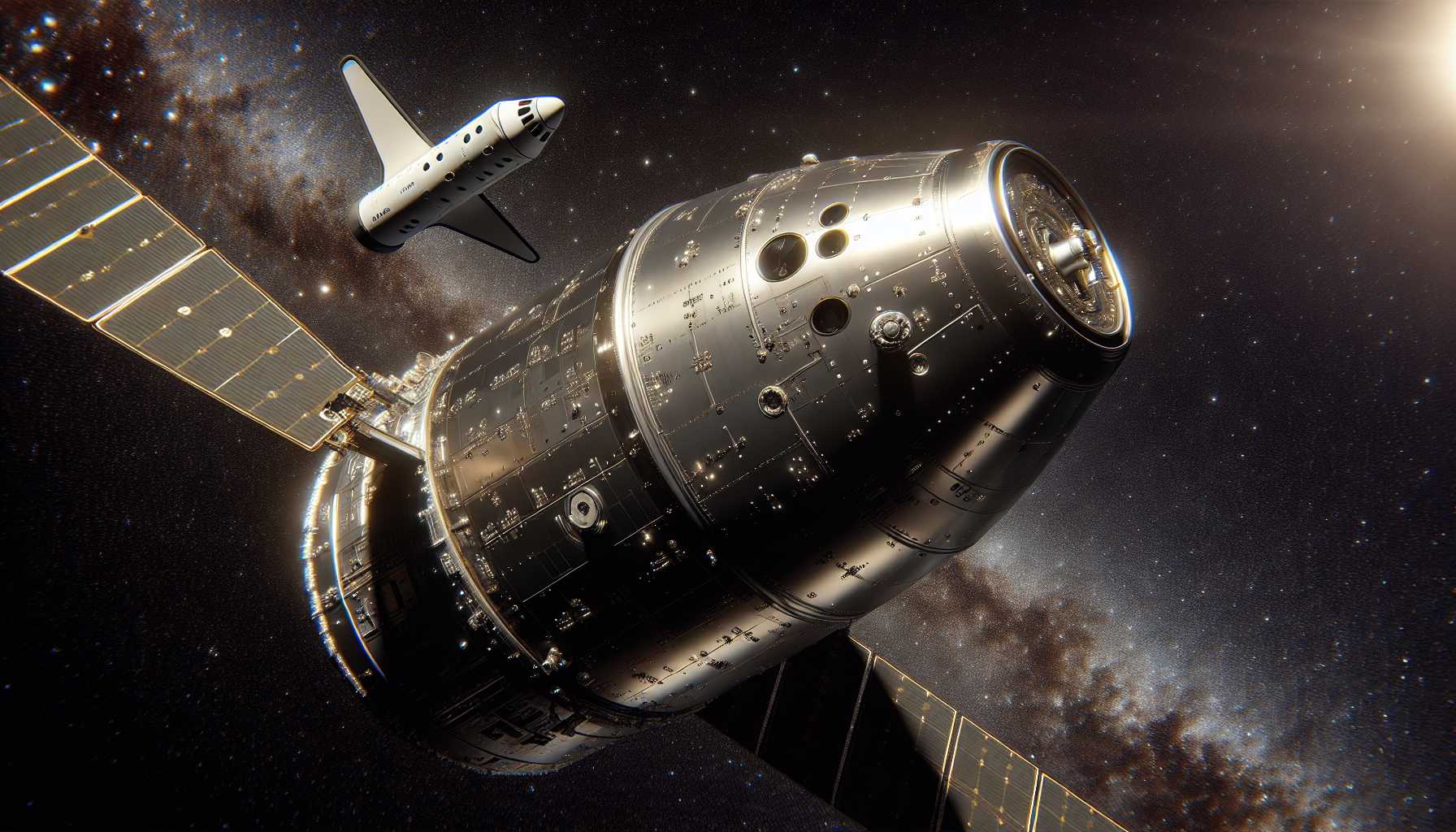 a visualization of the Orion spacecraft and SpaceX's Starship docking system in space