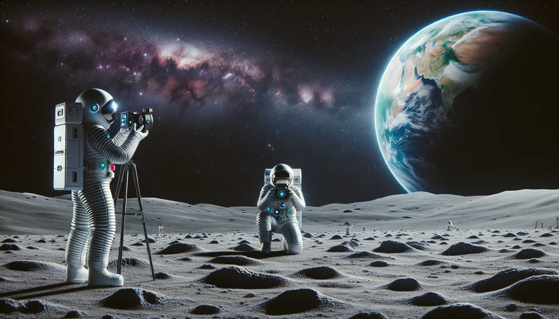 a futuristic concept of astronauts using advanced cameras on the Moon surface