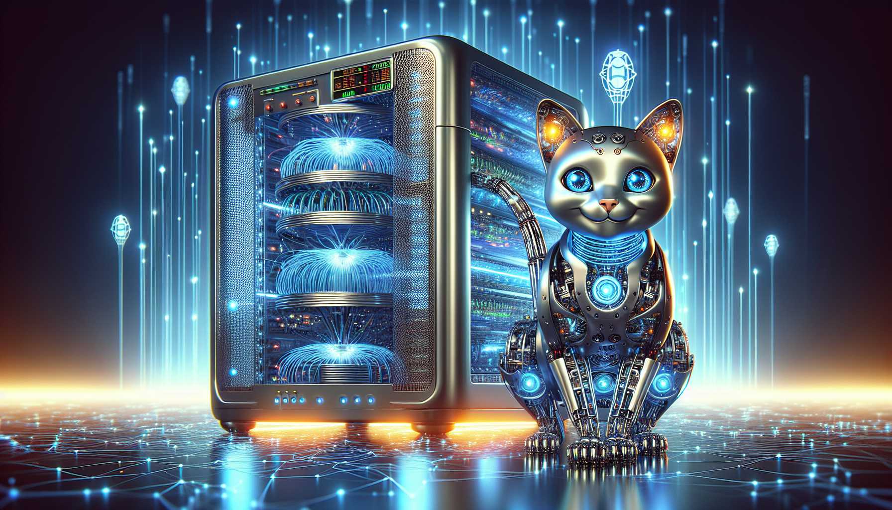 a friendly robot cat competing with a high-tech AI server