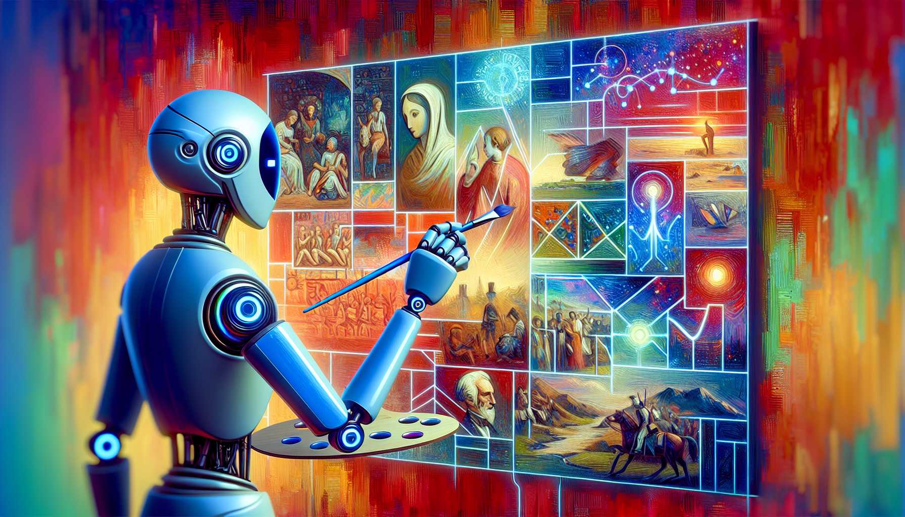 a Google AI-like character painting on a canvas with historical images