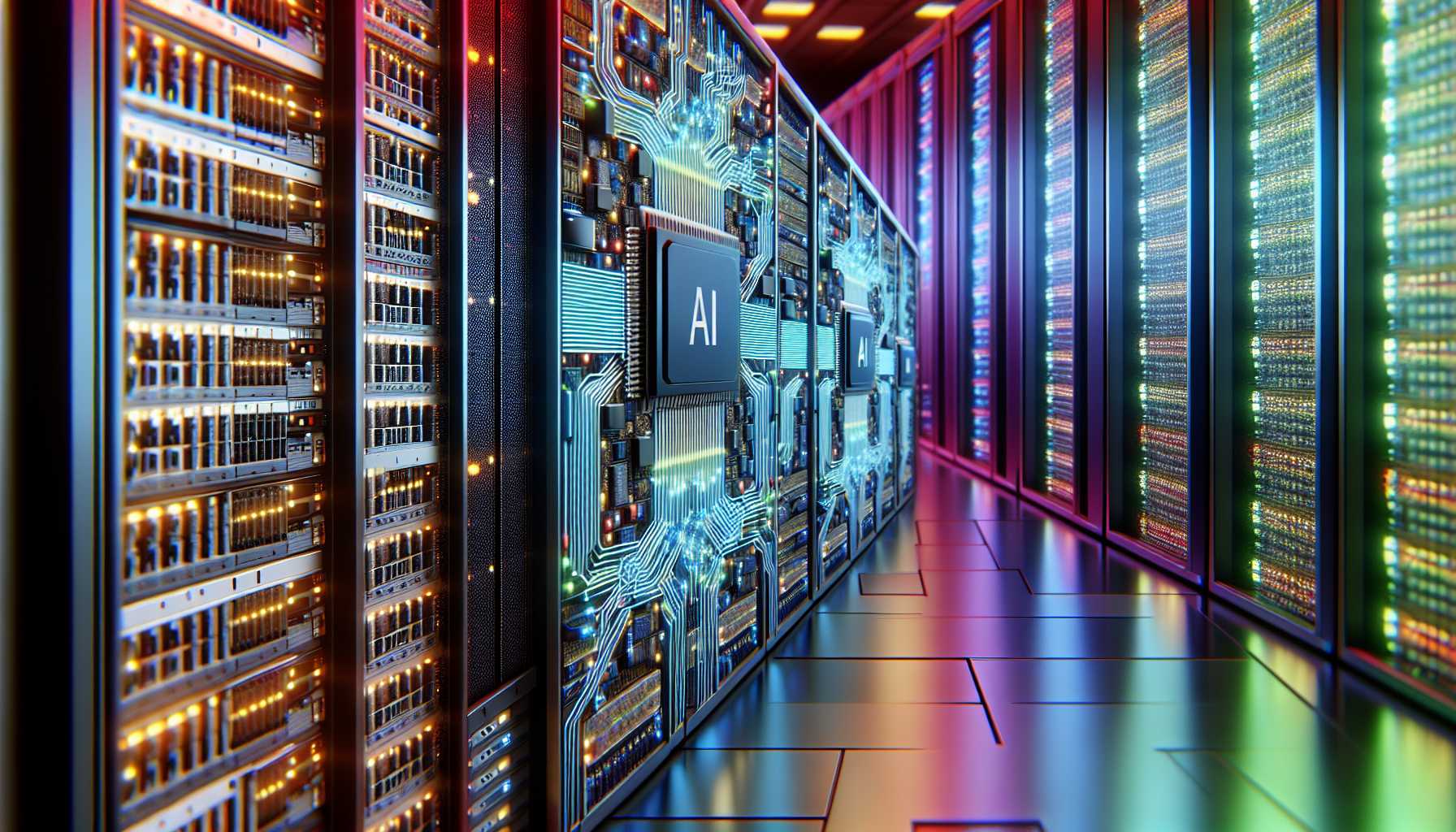 An AI data center with servers connected to AI chips from Nvidia, AMD, and Intel