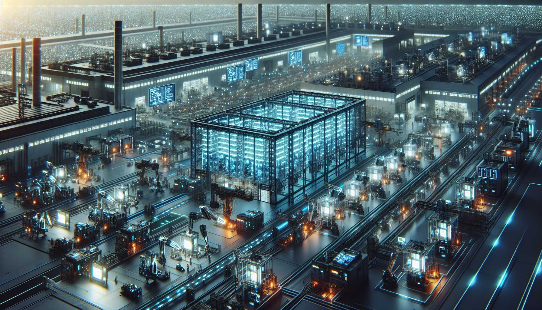 A futuristic factory representing high-tech manufacturing capacity for AI servers