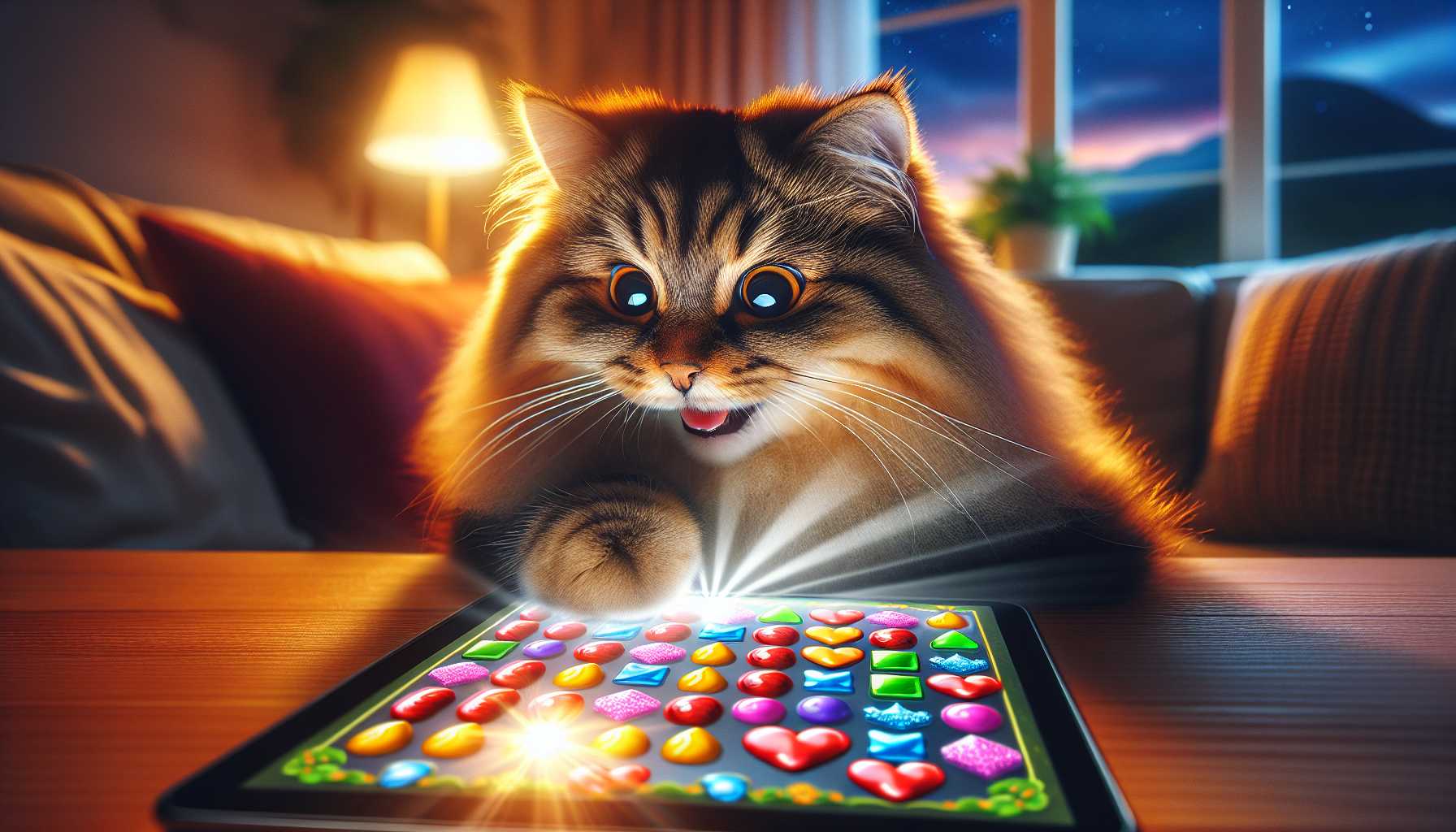 a happy cat playing candy crush