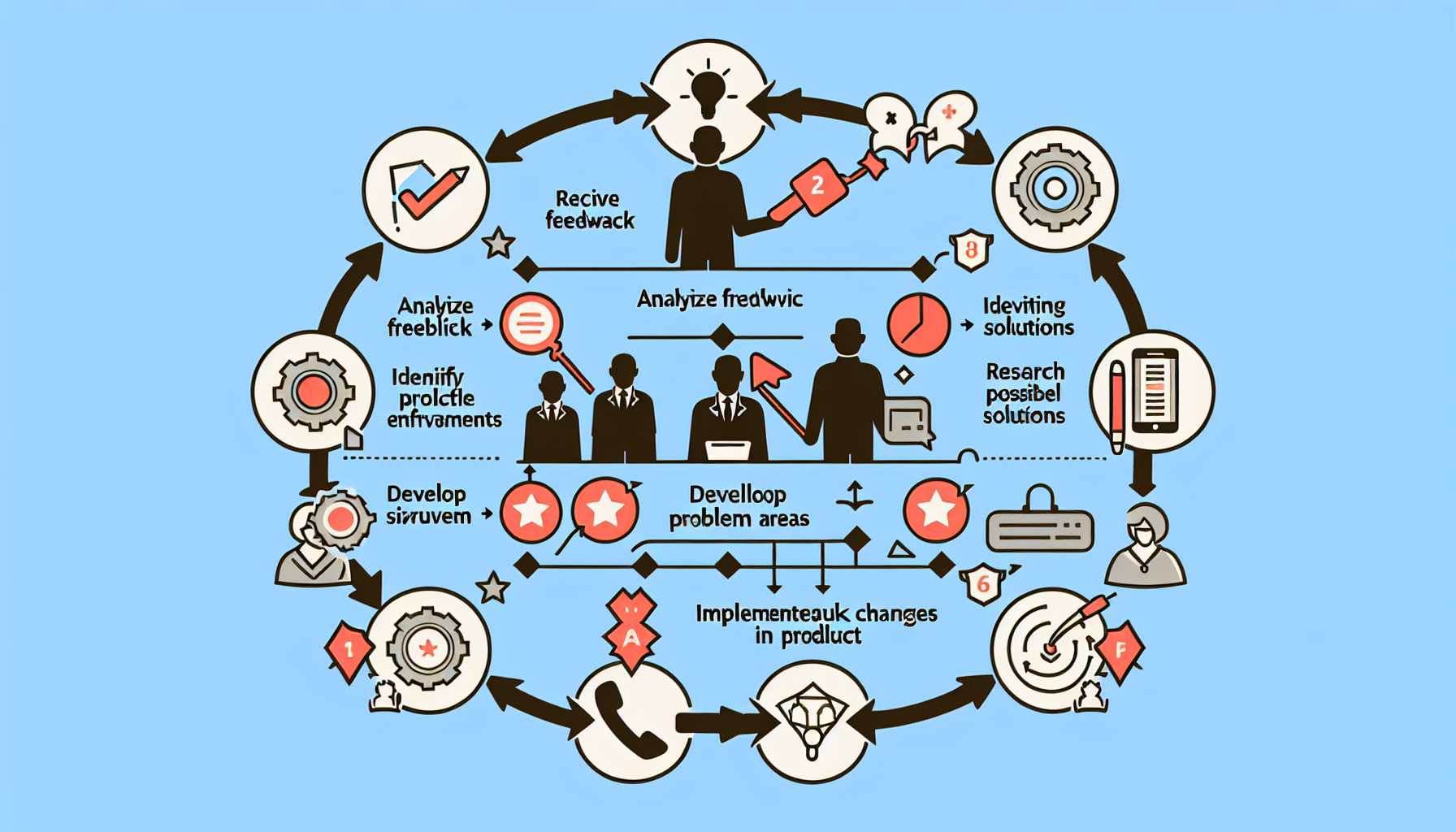 Flowchart showing the process of transforming negative feedback into product improvements in technology management