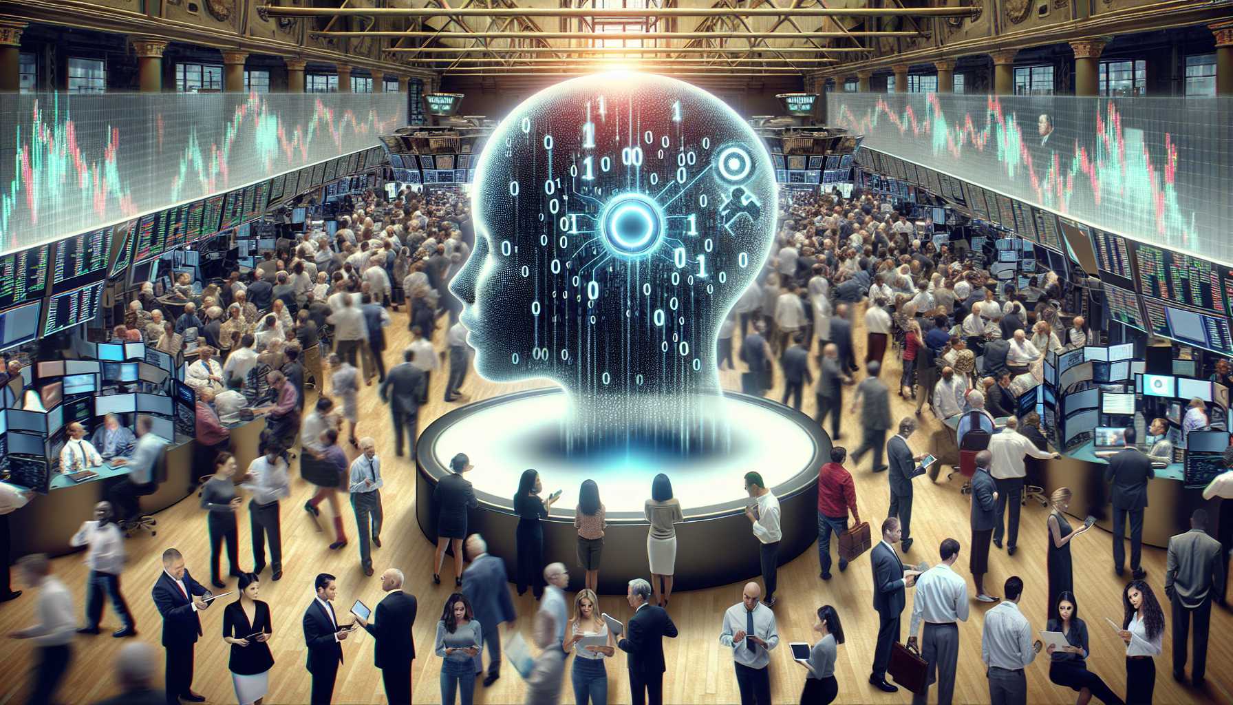 AI technology bubble floating over a bustling stock market floor