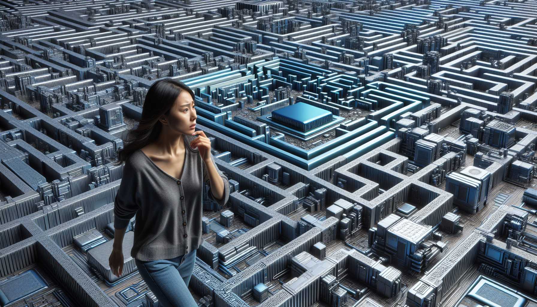 a woman navigating a maze shaped like a silicon chip