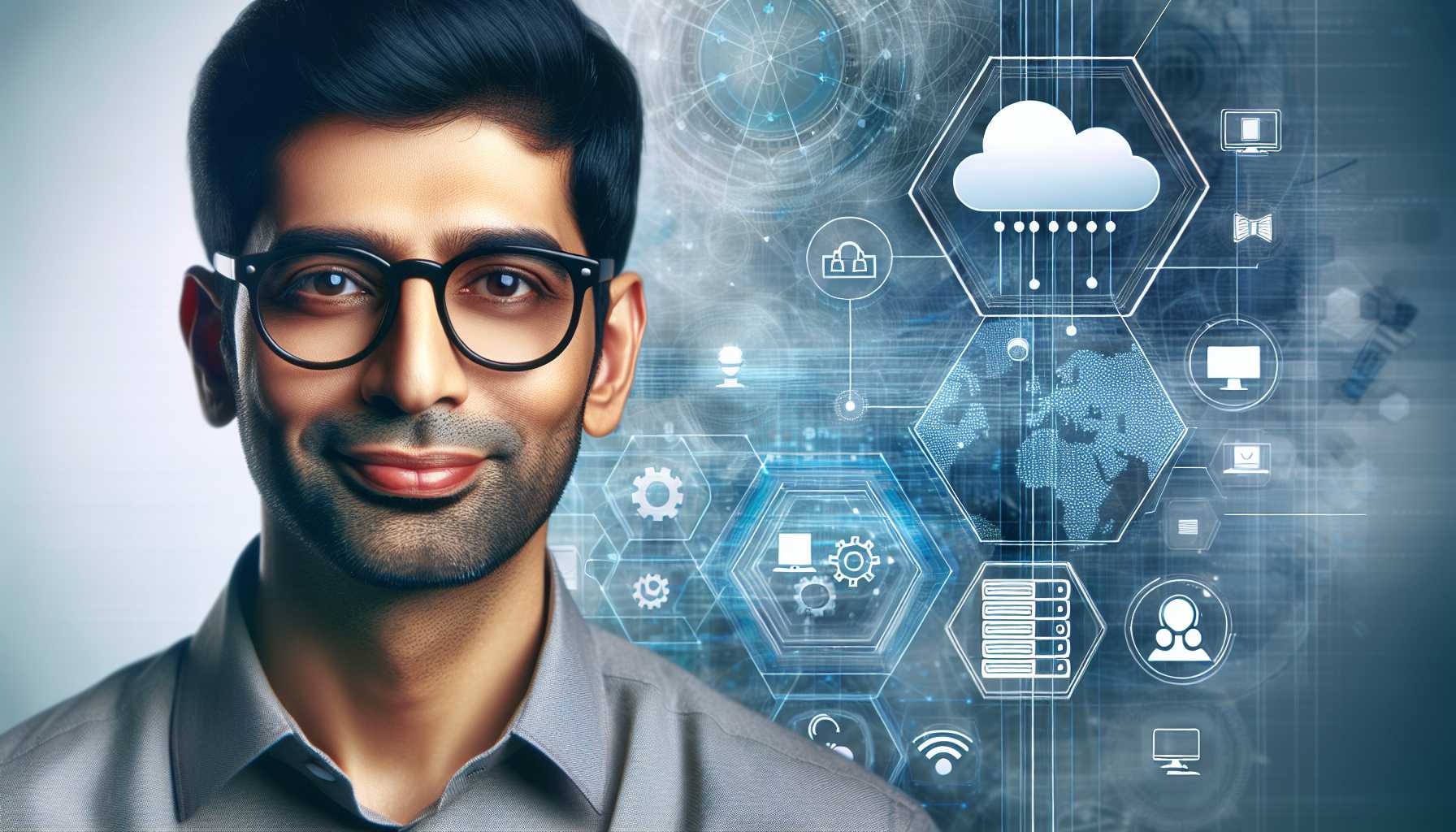 headshot of Paddy Srinivasan with a cloud computing background