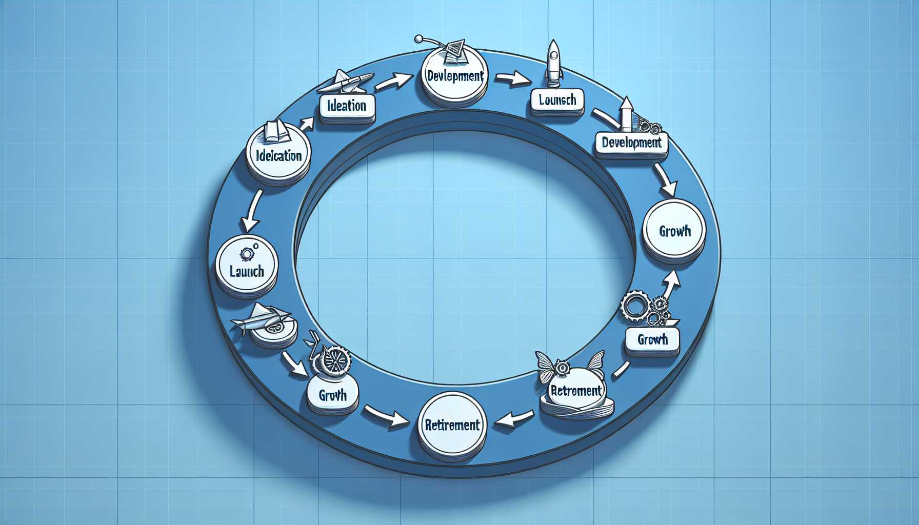 product lifecycle management stages represented as a continuous loop with ideation, development, launch, growth, and retirement