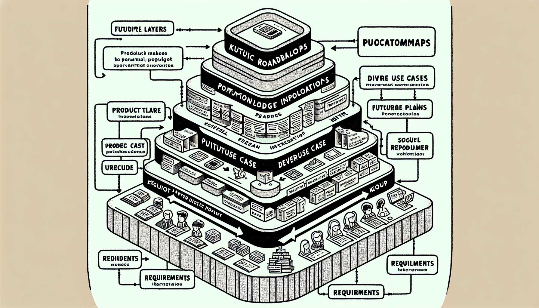 an organigram representing different information layers for product knowledge: roadmaps at the top, personas and use cases in the middle, requirements and notes at the bottom