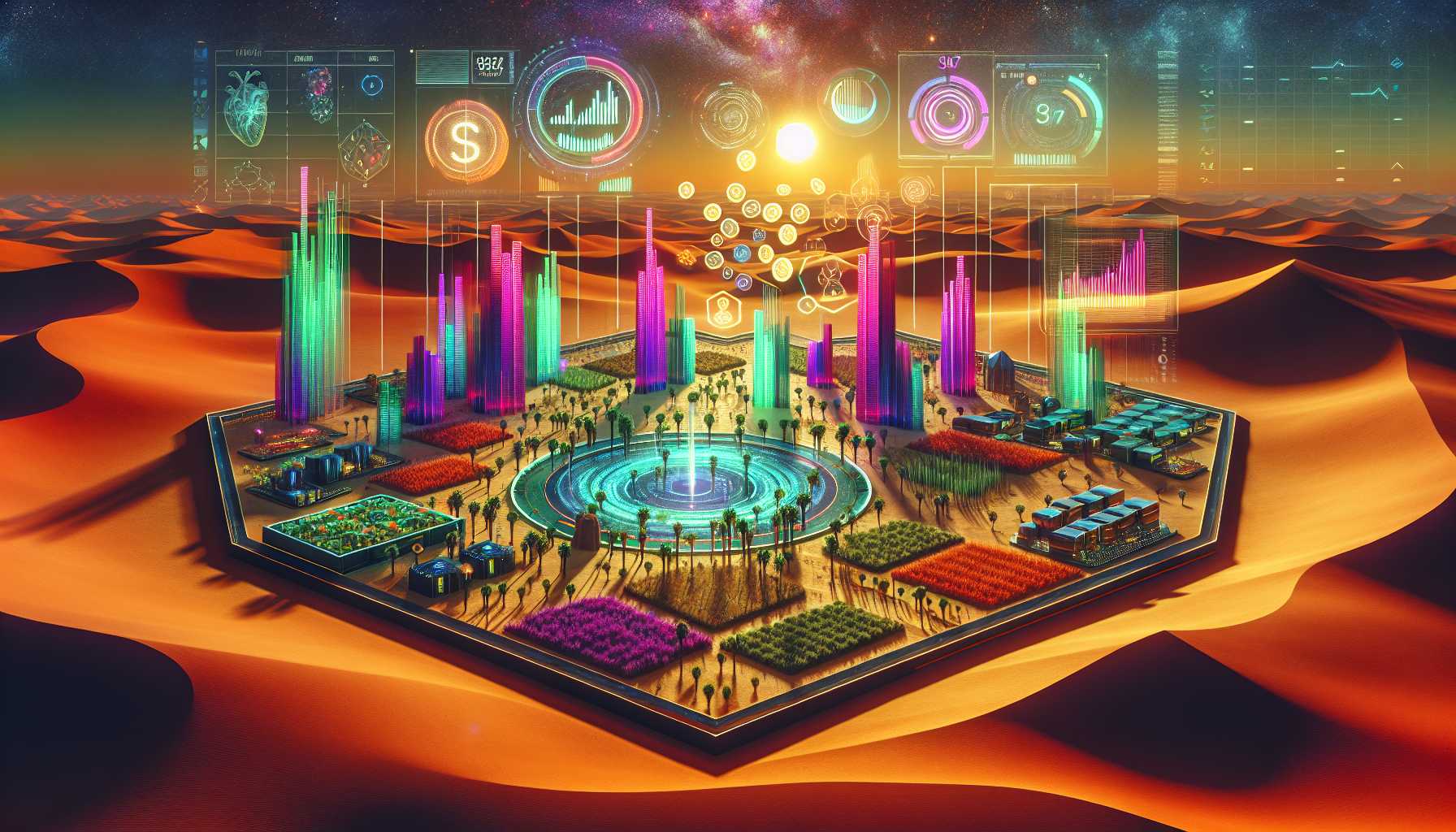 futuristic depiction of an oasis in a desert, symbolizing startup investments