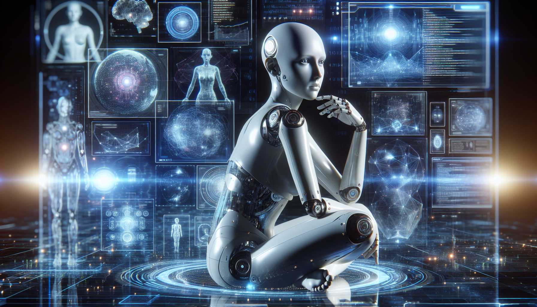 artificial intelligence humanoid sitting and analyzing complex digital data