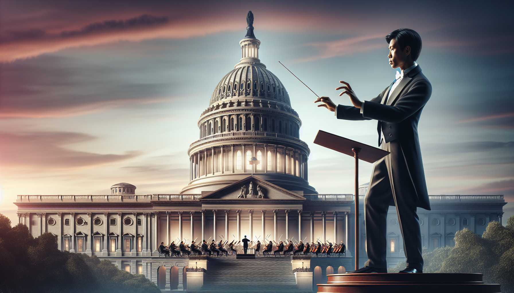 a composer at a podium with a baton in hand, standing before a backdrop of the United States Capitol