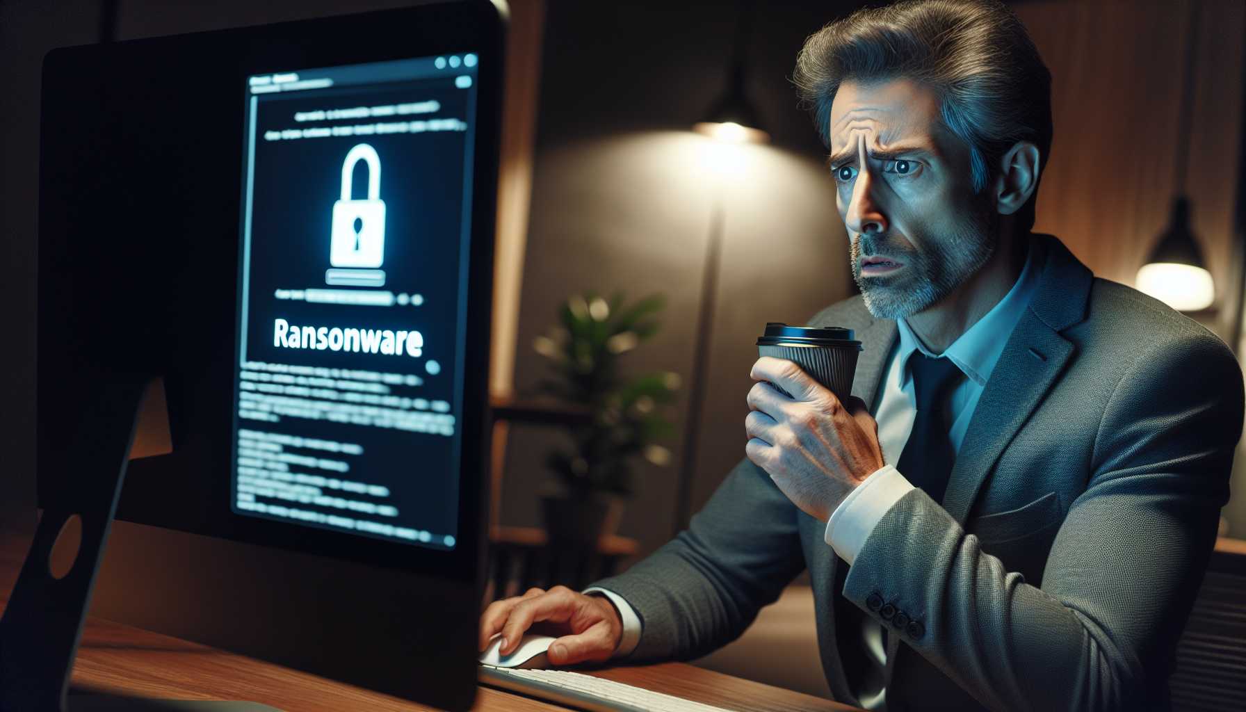 a businessman contemplating a ransomware demand on his computer