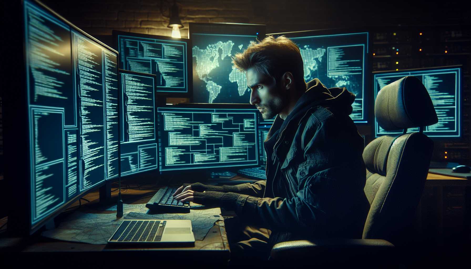 a hacker in a dark room surrounded by computer monitors with code