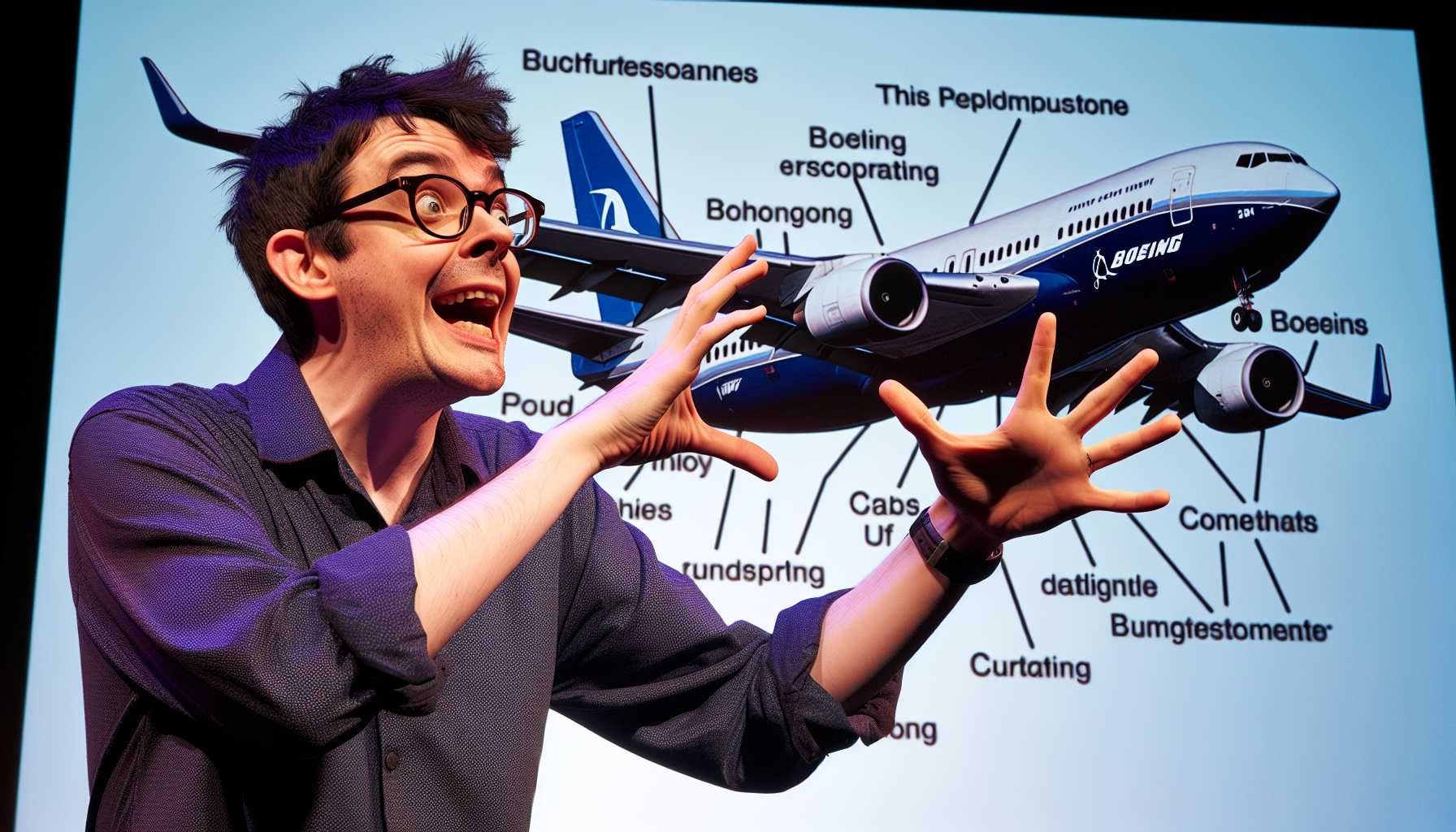 Comedian John Oliver talking about Boeing with an image of a Boeing plane in the background