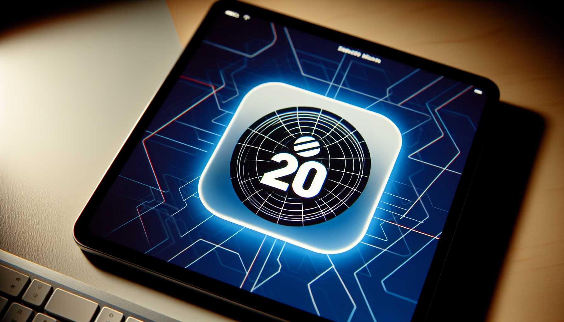 The Engadget logo on a digital device screen with the number '20' celebrating Engadget's anniversary