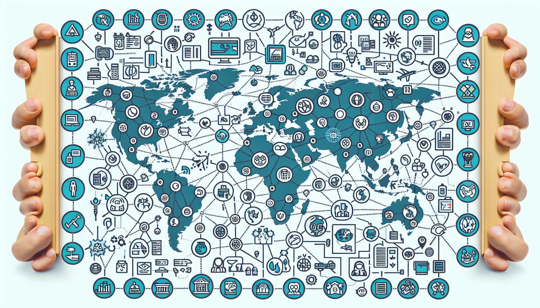 A global map connected with nodes and icons representing localization, cultural adaptation, and regulatory compliance in product management