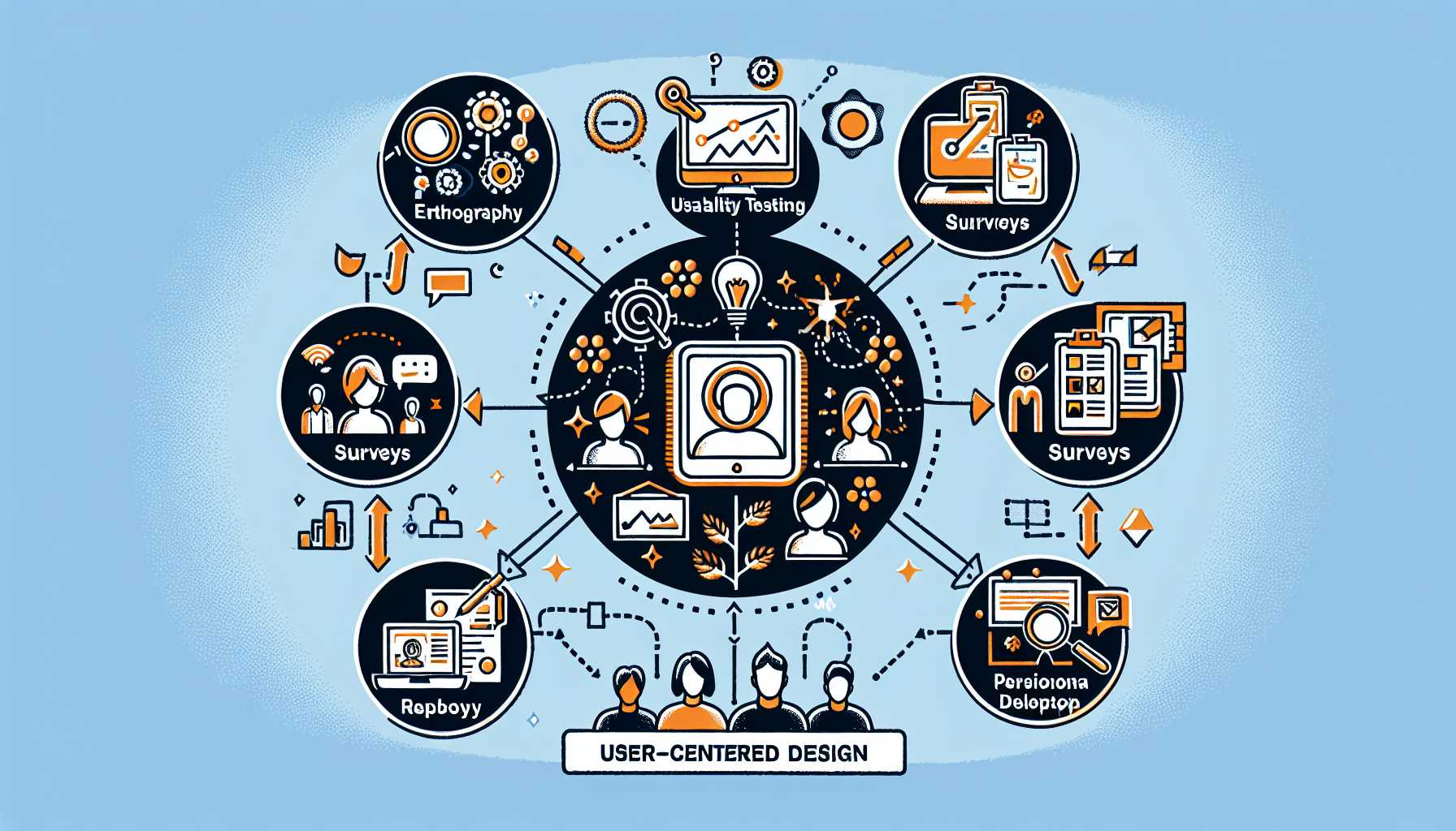 An illustrative diagram showing different user research methods such as ethnography, usability testing, surveys, persona development, and A/B testing, interconnected with feedback loops and user-centered design concepts