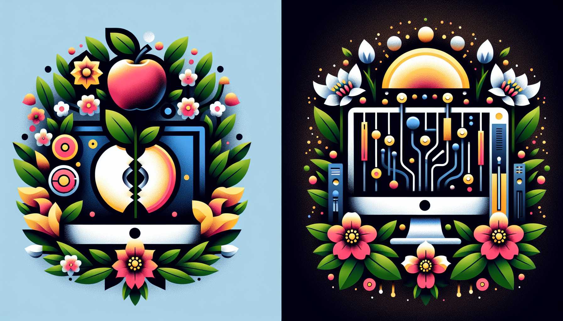 Apple and Microsoft logos with spring flowers tech theme