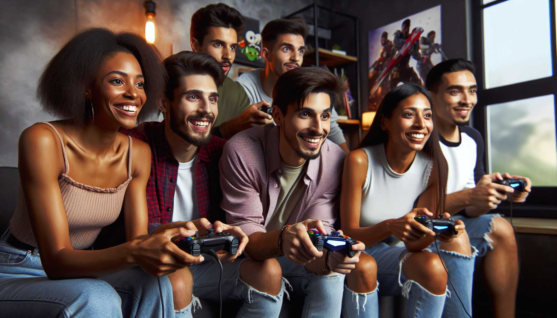 a group of diverse people playing video games