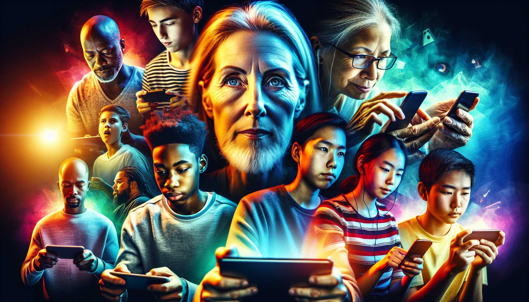 a collage of people of all genders and ages playing mobile games