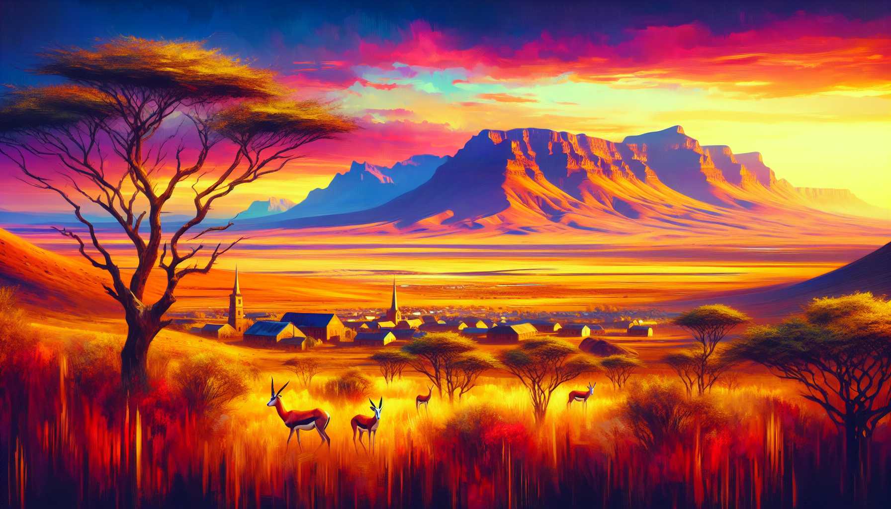 a digital painting of a vibrant South African landscape, with bold colors and intricate details