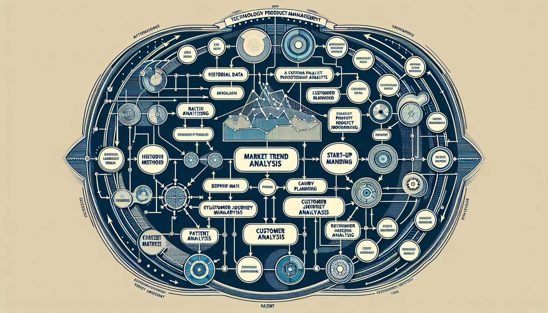 An organigram showcasing various market trend analysis techniques such as historical data analysis, Delphi method, scenario planning, startup monitoring, customer journey analysis, and patent analysis in the context of tech product management.