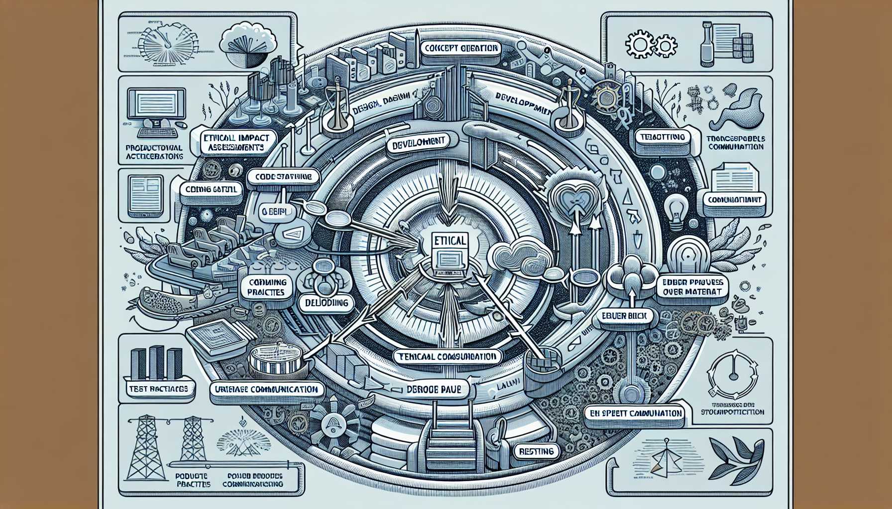 An organigram depicting stages of the product lifecycle integrated with ethical considerations such as Ethical Impact Assessments, coding practices, transparent communication and user dialogue in tech product management.