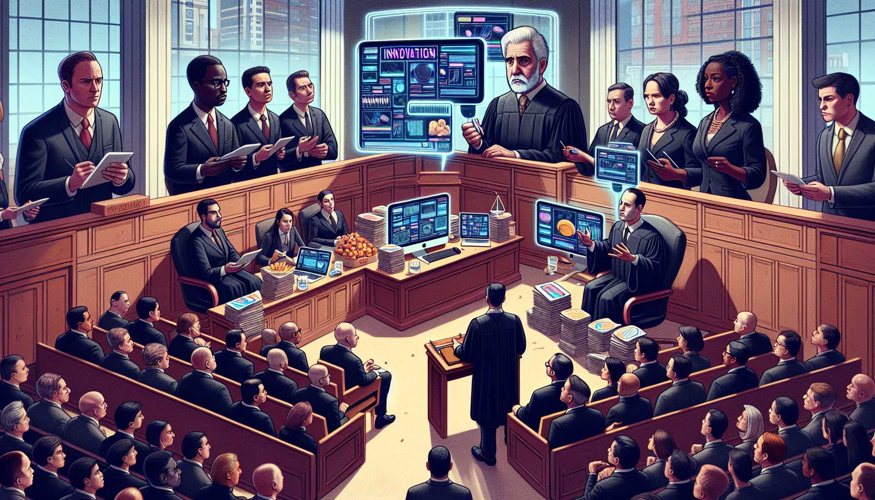 A courtroom drama scene illustrating the lawsuit between a tech giant and an innovation company