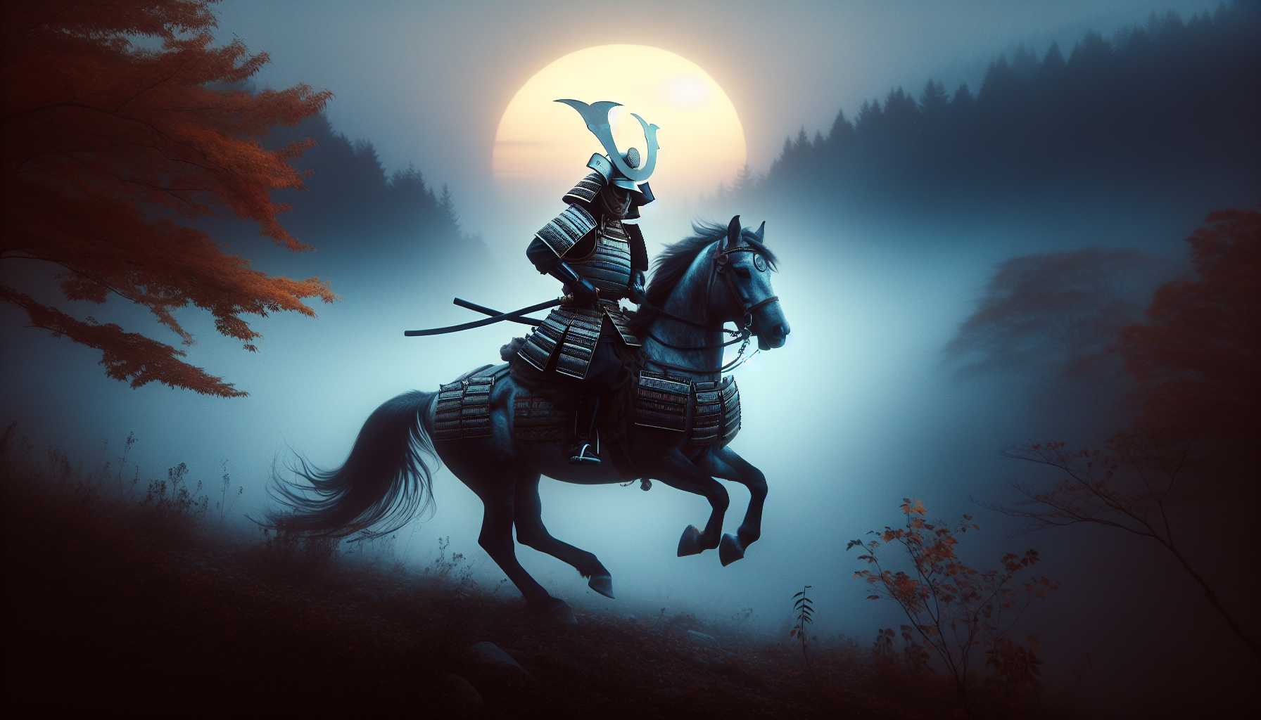 artistic rendition of Ghost of Tsushima PC game with samurai on horseback