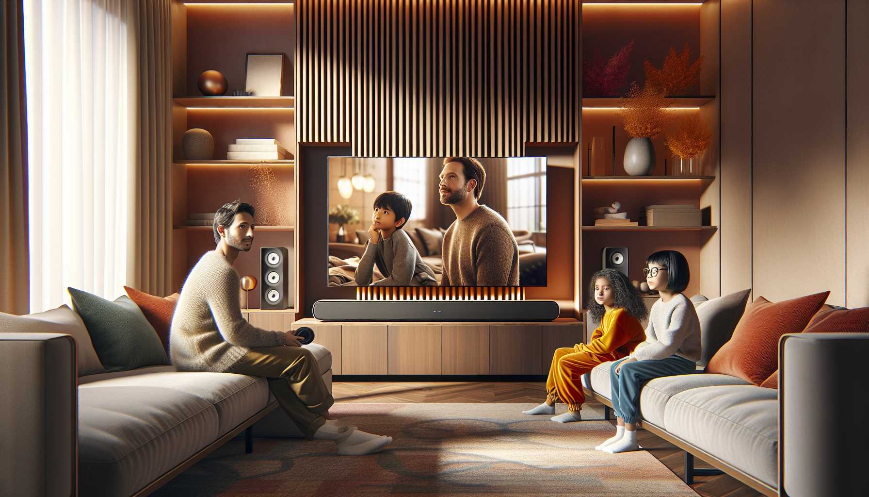 a stylish living room with a soundbar by the TV and a family watching a movie