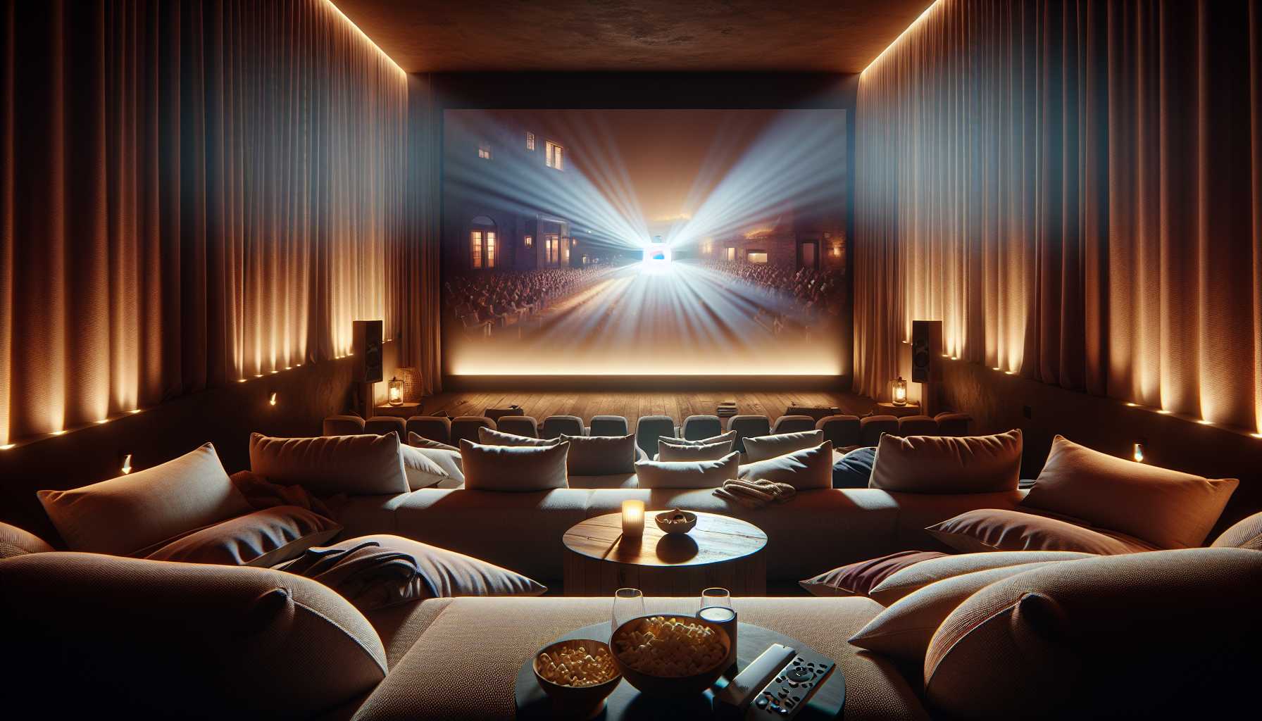 a cozy home theater setting with a smart projector casting an image on a large wall