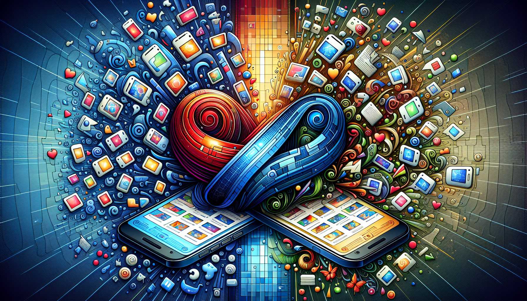 An illustration of two different mobile apps merging together, symbolizing interoperability