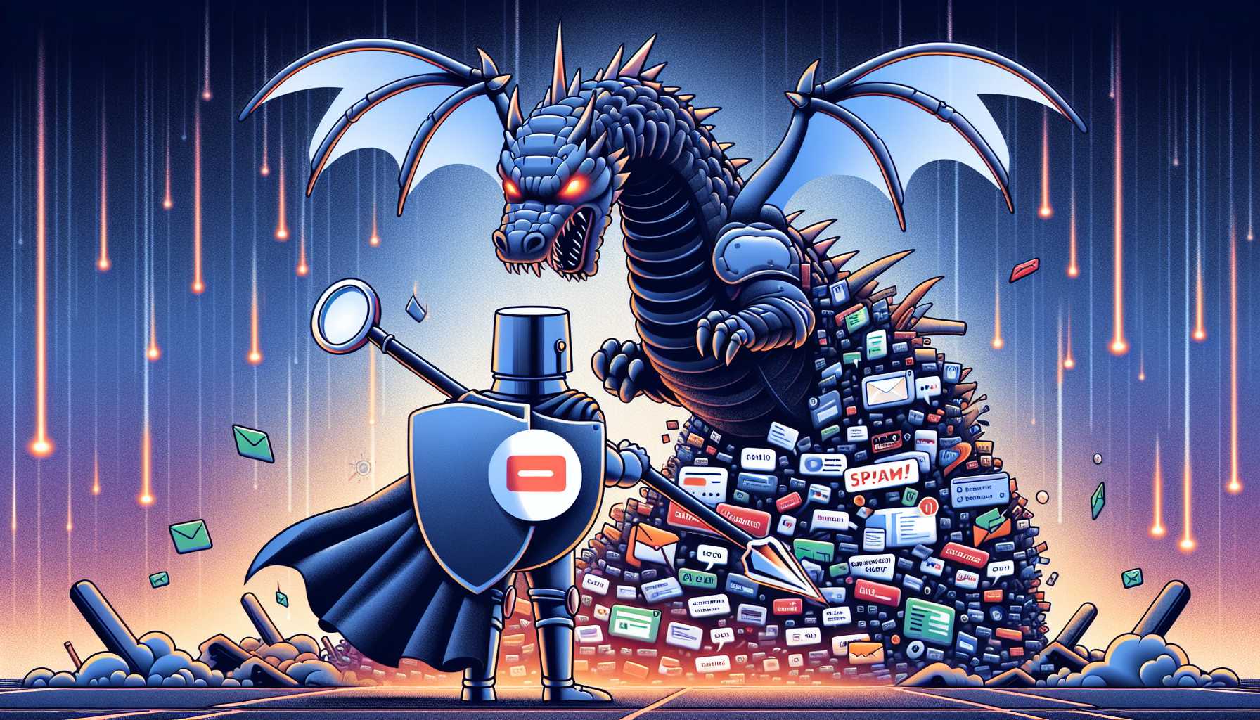 Caricature of Google fighting against a dragon made of spam content